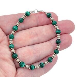 Estate Sterling Silver 925 Green Malachite Beaded Bracelet 7.5"